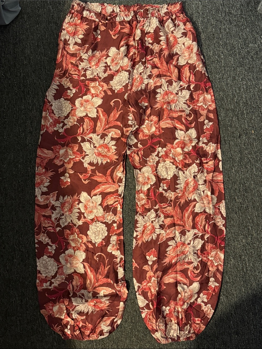 Zara Woman Burgundy Red Floral Print Elastic Waist Jogger Pants Size M